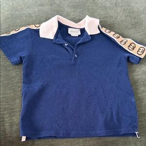 Gucci Kids 18-24 months Navy Polo with Pink Collar and Beige Webbing